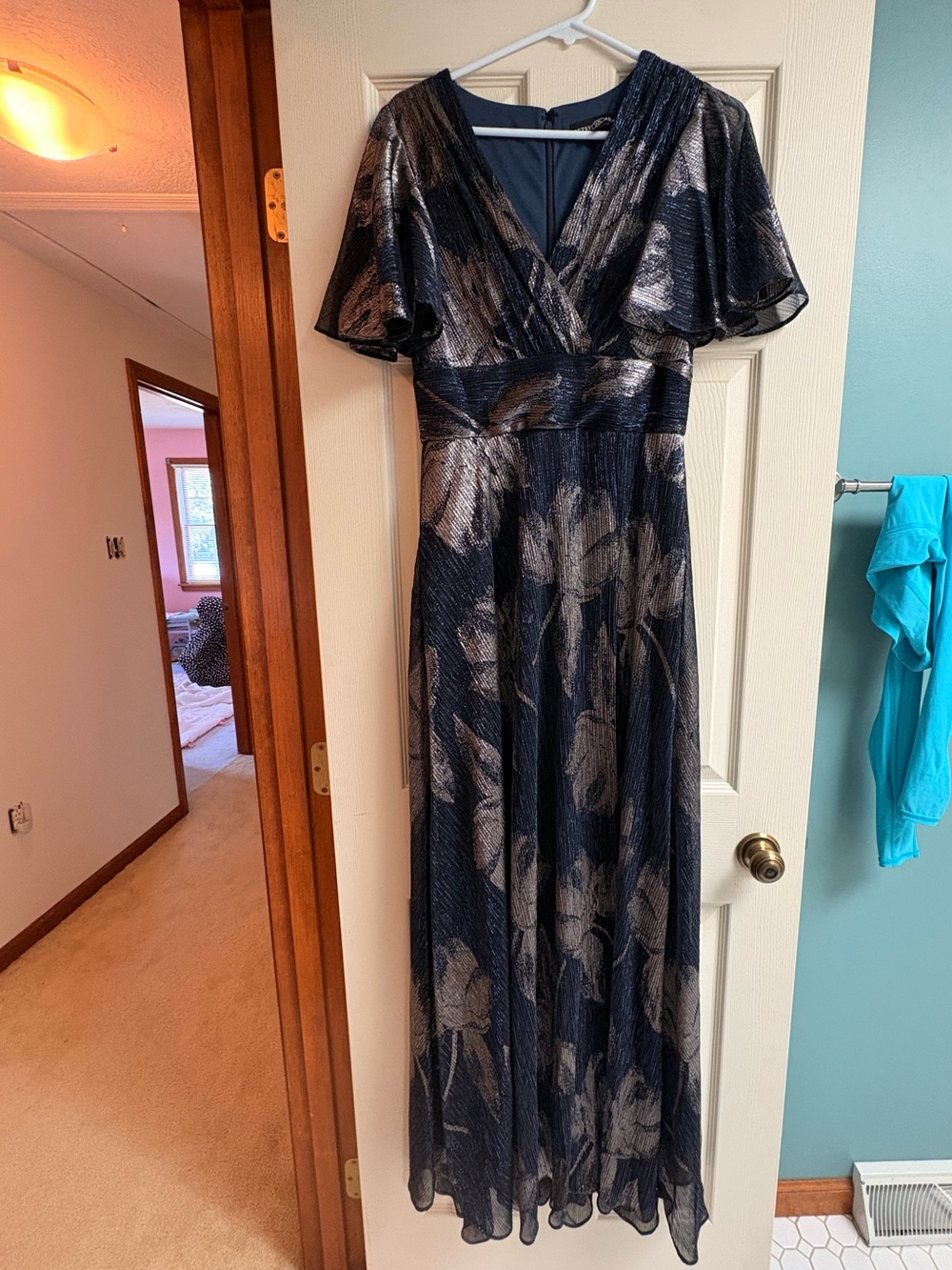 Betsy & Adam Navy and Silver Metallic Floral Wrap Maxi Dress